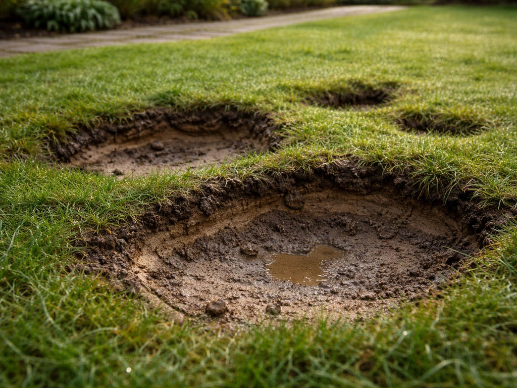 Ingeklinken plekken in een gazon met zichtbaar niveauverschil en ingeërodeerde zand- en grondlagen.