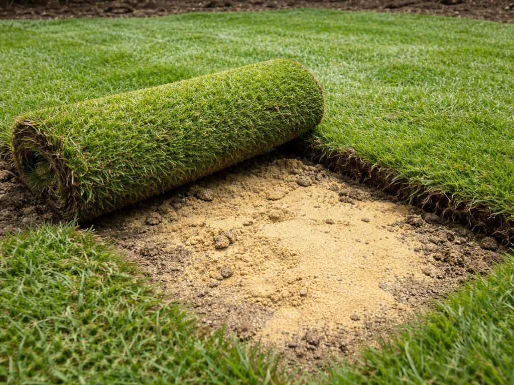 Close-up van graszoden met duidelijk geel zand dat niet goed is ingewerkt onder de grasmat.