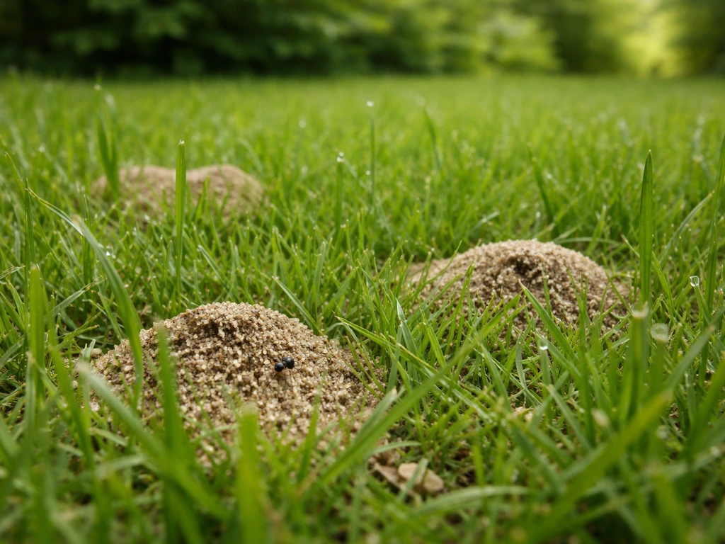 Close-up van gras met kleine zandheuveltjes van mieren tussen de graspollen.