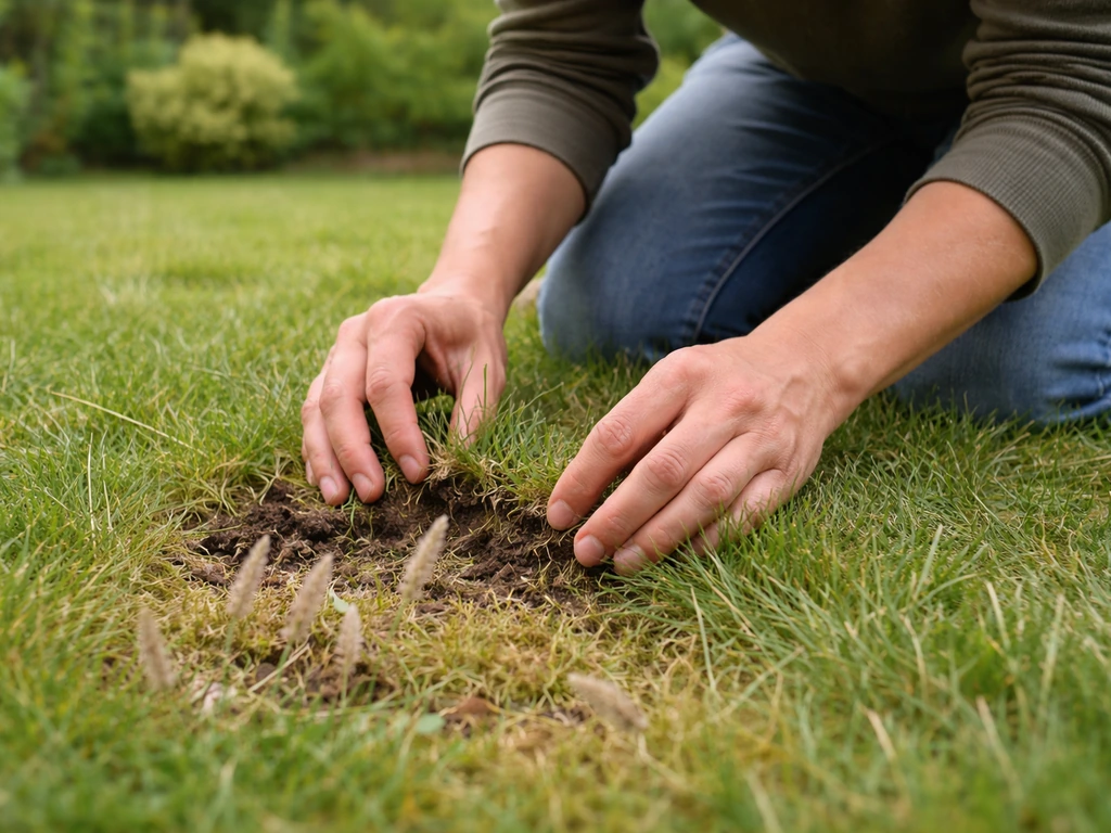 Anonieme tuinier knielt in het gras en onderzoekt een mos- of verdichtingsplek bij de tuinbodem.