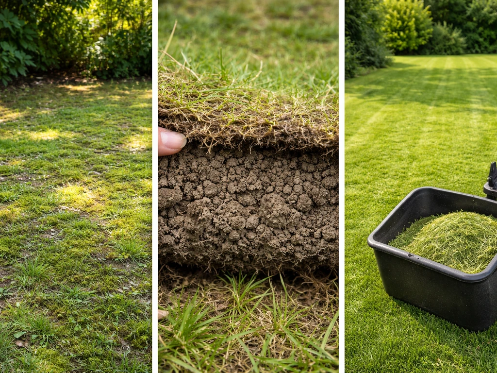 Collage van schaduw in tuin, verdichte bodem dicht bij het gazon en een recent gemaaid stuk gras.