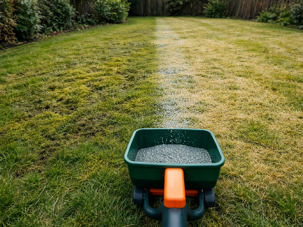 Handstrooier met ijzersulfaat dat op mos in het gras wordt uitgestrooid, met licht verkleurde voor-na indruk.