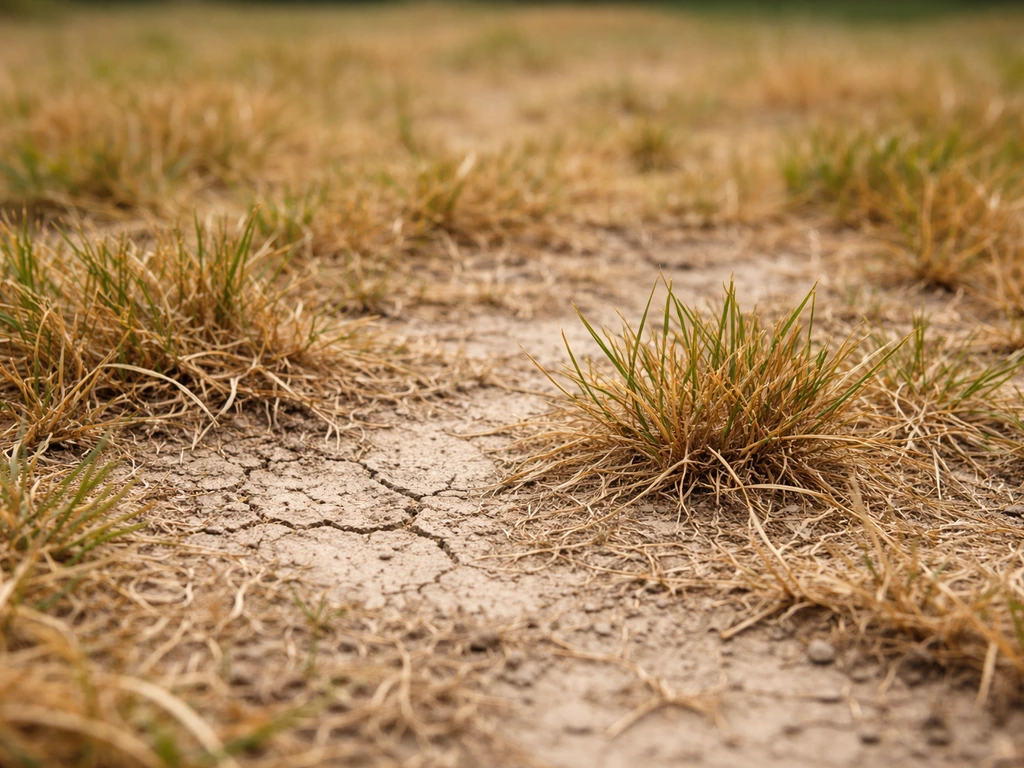Close-up van een gazon met vergeelde bruine sprieten en droge zandige toplaag tussen het gras.
