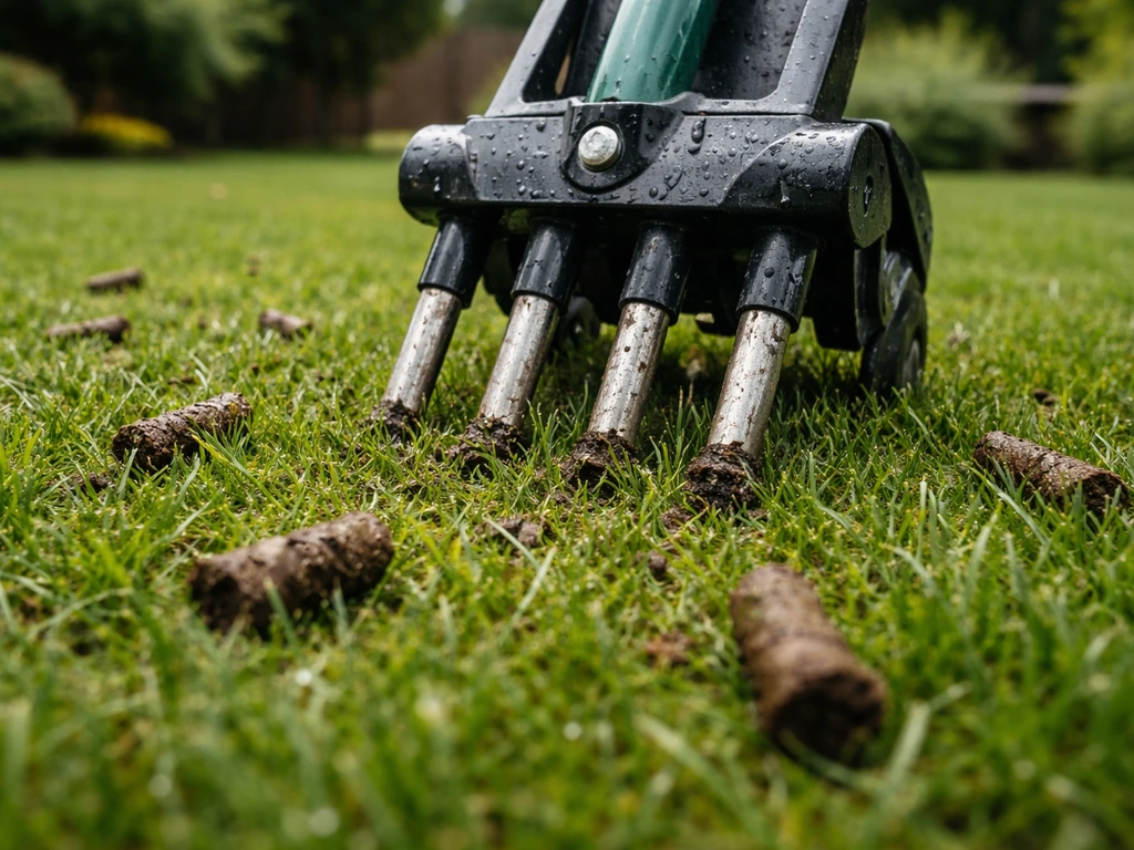 Tuinaerator die gaatjes in het gazon prikt, met zichtbare kernresten in de grond.