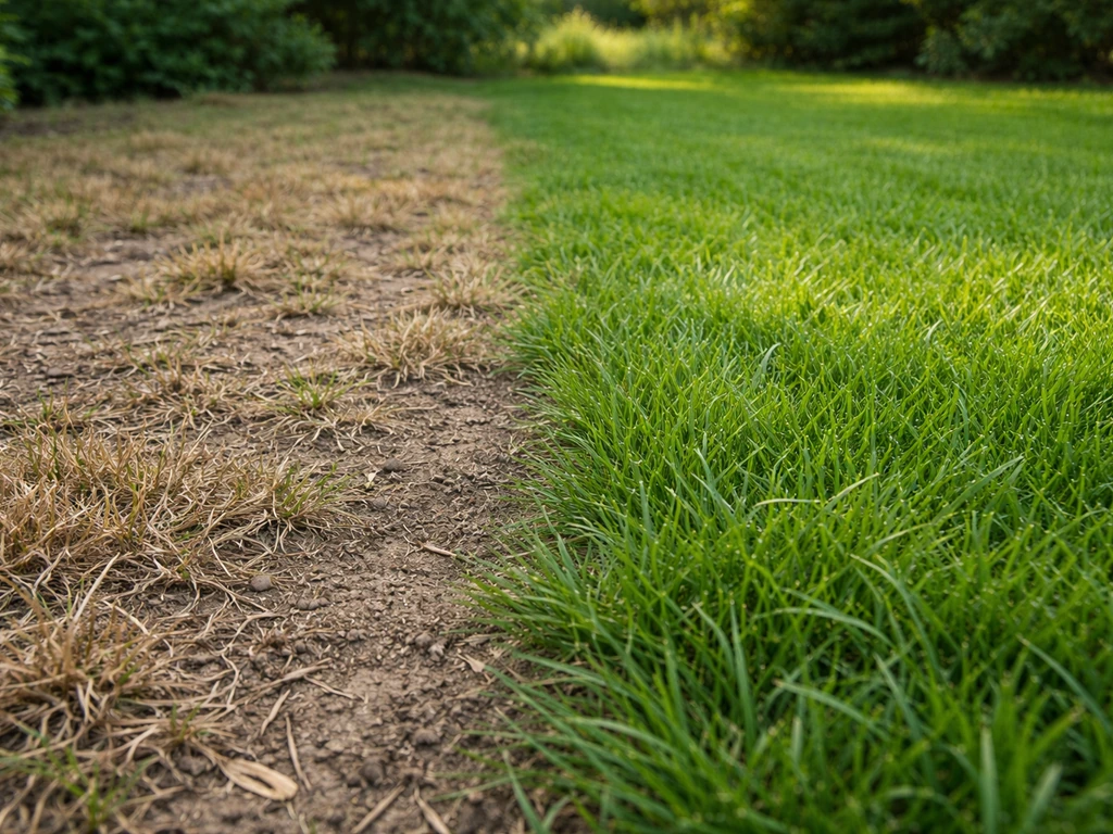 Twee tuingedeelten naast elkaar: kaal en uitgedroogd gras links, groener gazon rechts.