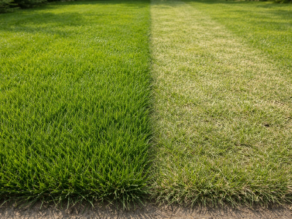 Twee stroken gazon met duidelijk lengteverschil: hogere, dichte groei en lager, witter en schraler gras.