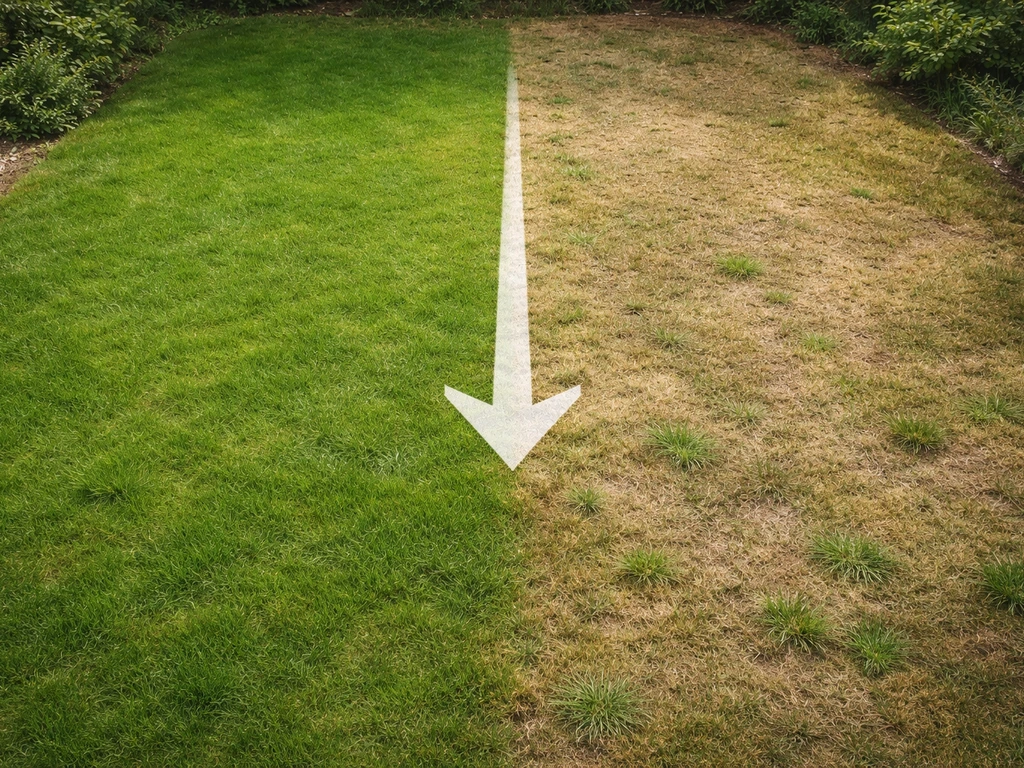 Overheadfoto van een Nederlands gazon met een duidelijke grens tussen groen en geel/bruin gras, met pijl.