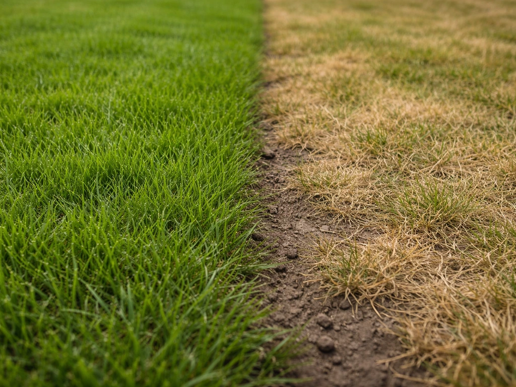 Close-up van een gazon met twee naast elkaar zichtbare kleuren: groen dicht en geel/bruin uitgedund gras.