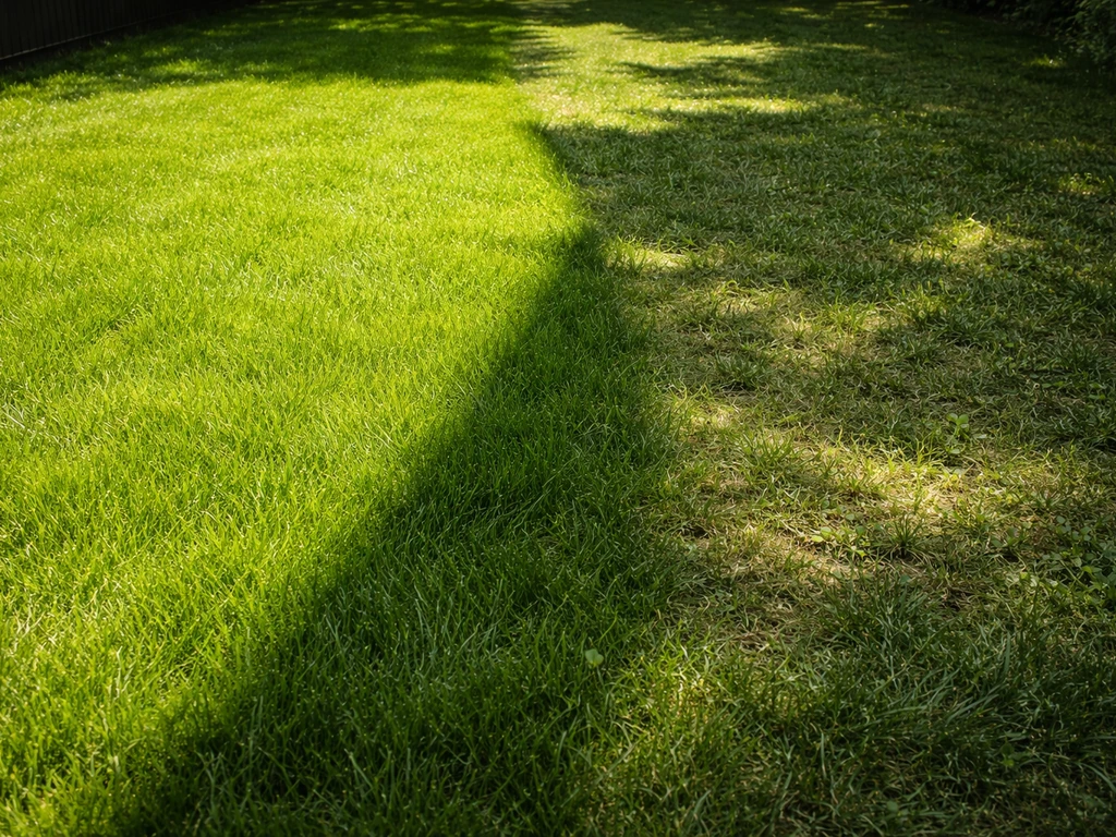 Gazon met duidelijke zonnige kant en schaduw onder schutting/overstek, met dunner en lichter gras.