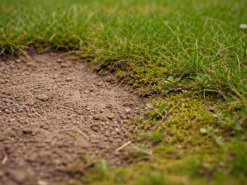 Close-up van een kale en bruine plek in het gras met zicht op de bodemstructuur en ongelijkmatige groei.