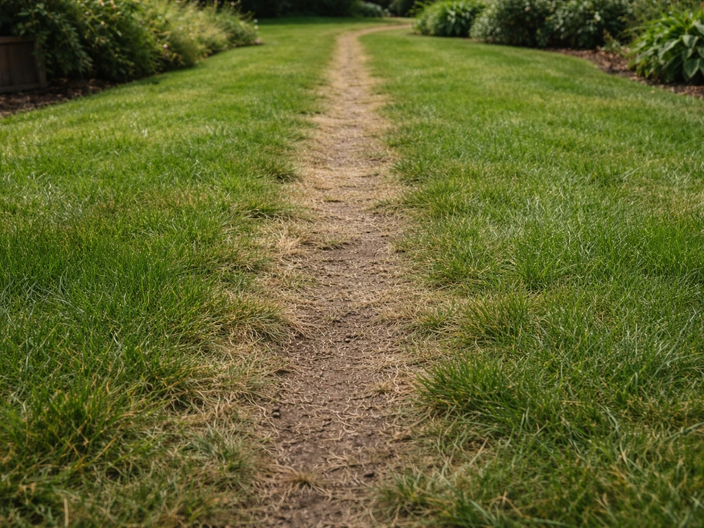 Platgedrukte grasmat langs een smal looppad in een tuin, met minder beschadigd gras ernaast.