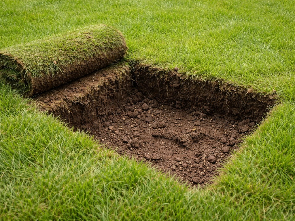 Gegraven plek in het gazon met losse grasmat en zichtbare grond waar larven worden gezocht.
