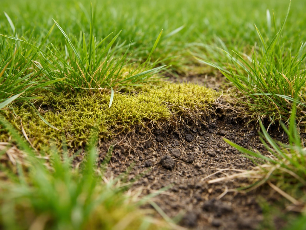 Close-up van gazon met moslaag in de viltlaag en kale plekken zichtbaar tussen het gras.