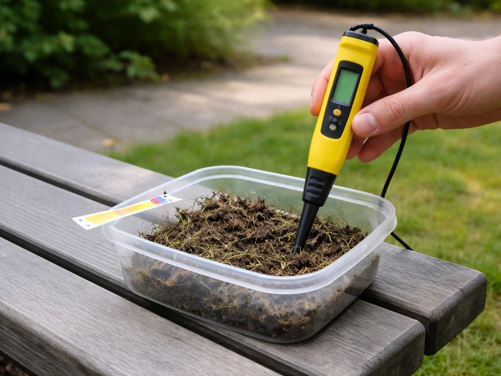 Iemand houdt een pH-meter en teststrook boven een bodemmonster van het gazon op een tuinbank.
