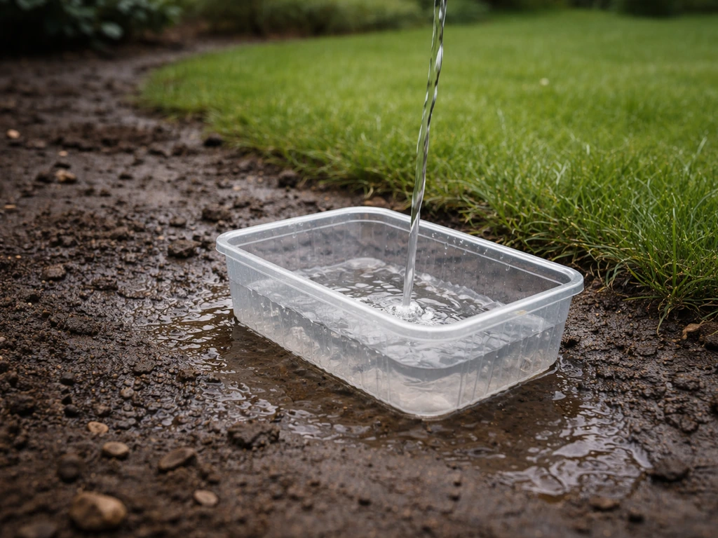 Glasbakje met water dat langzaam wegzakt in drassige grond naast een stukje gezond gazon