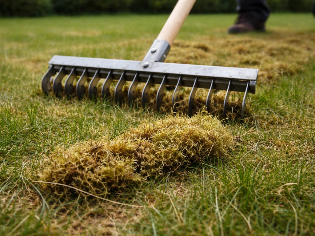 Scarificeerder of mosrekje dat mos loshaalt in het gazon, met opgeraapt mos naast het gereedschap.