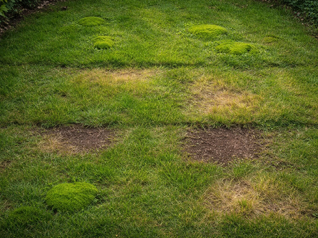 Bovenaanzicht van een gazon met mosplekken, gele plekken en kale plekken tussen het gras.