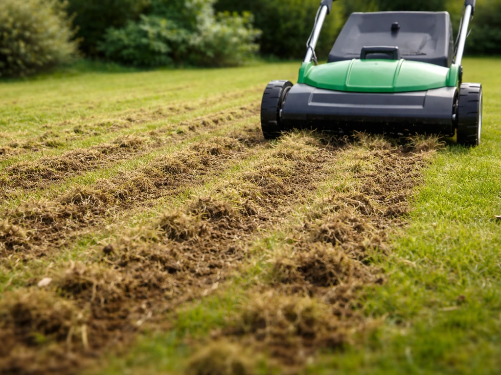 Gazonherstel: verticuteren/beluchten met een verticuteermes op het gras, met zichtbaar vilt en mos losgemaakt.