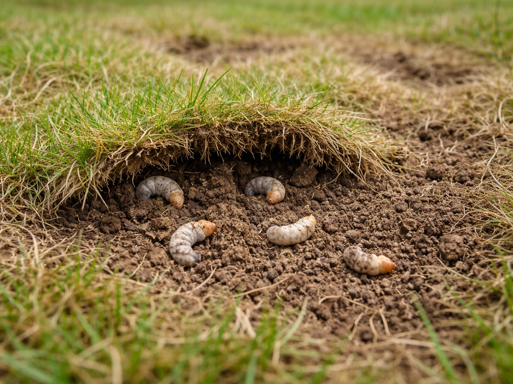 Turfzode die omhoog komt met zichtbare larven en bruine, doffe vraatplekken in een gazon.