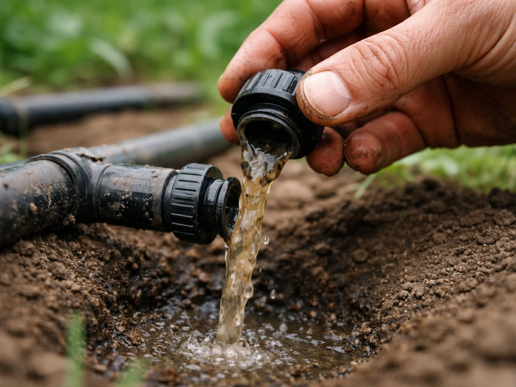 Monteur controleert een open flush-aansluiting bij een druppelirrigatiesysteem; vuil spoelwater stroomt kort zichtbaar.