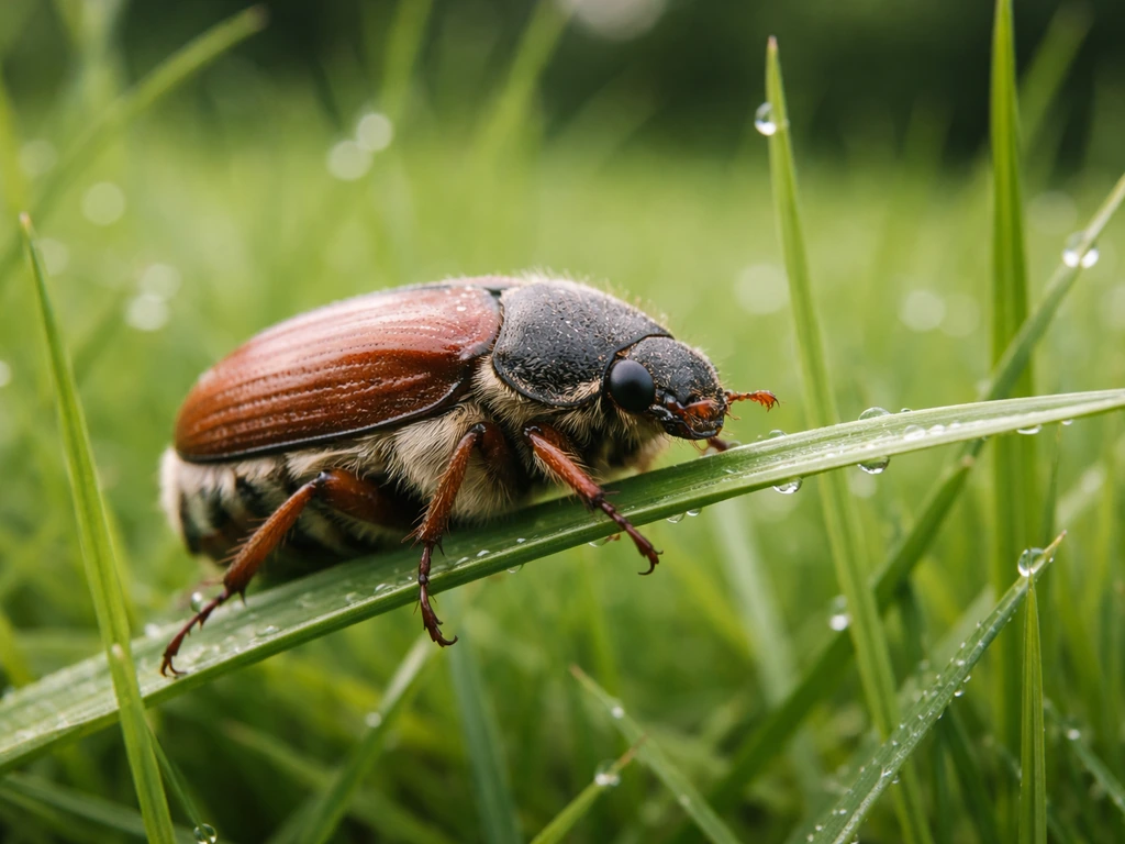 Close-up van een kever in het Nederlandse gazon, op een grasspriet met duidelijk roodbruin lichaam en donkere kop.