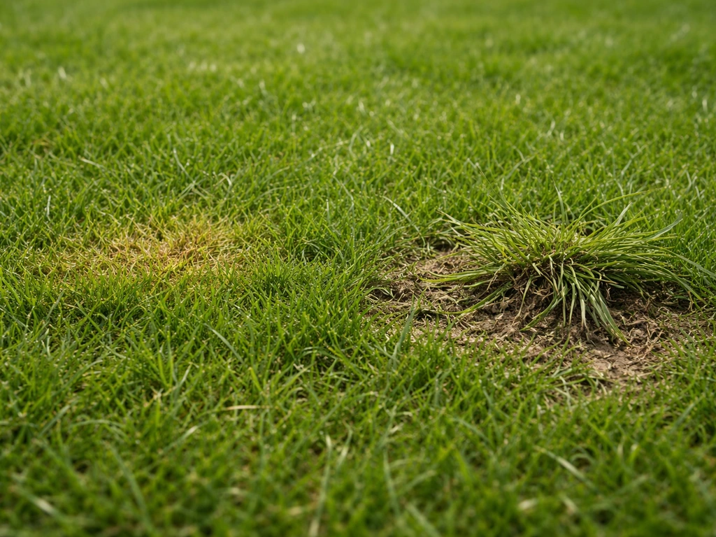 Close-up van een gazon met enkele kleine gelige vlekjes en daarnaast wat losgetrokken gras.