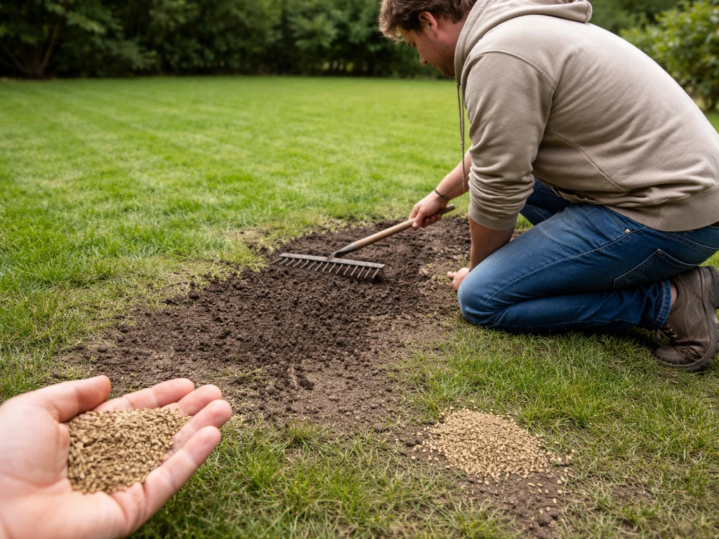 Anonieme tuinier maakt kale grasplek los met een hark en bereidt het opnieuw inzaaien voor.