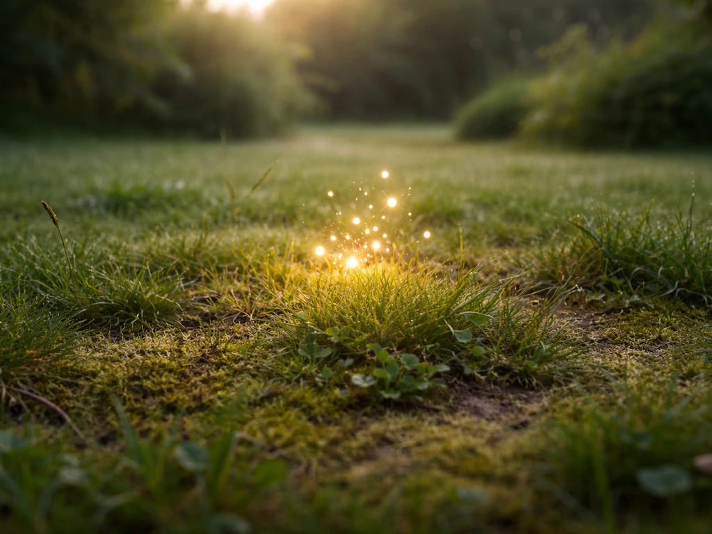 Sprookjesachtig gazon in Nederland met mos en kale plekjes, met zachte kabouter-achtige lichtgloed in het gras.