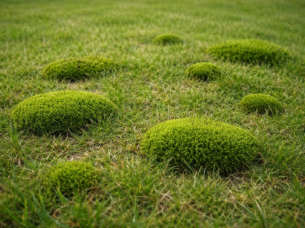 Close-up van mosmatten in een gazon met dunner gras eromheen, duidelijk zichtbaar in natuurlijk licht.