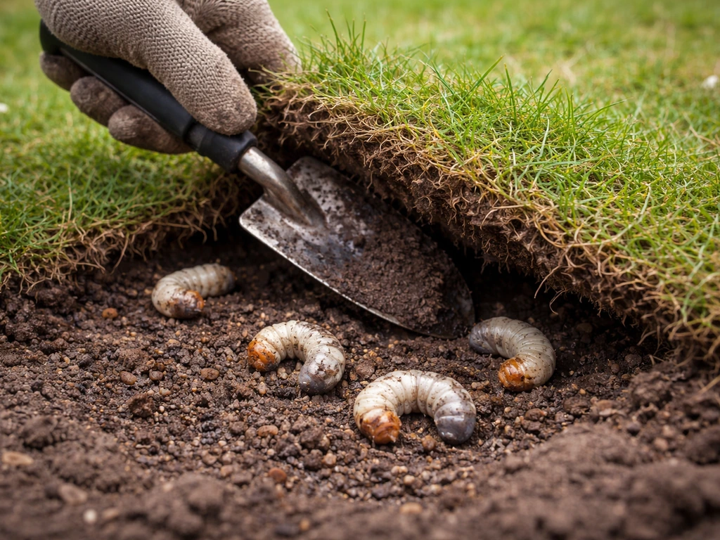 Witte C-vormige engerlingen in de grond met opgelichte graszode bij kale plekken in een gazon