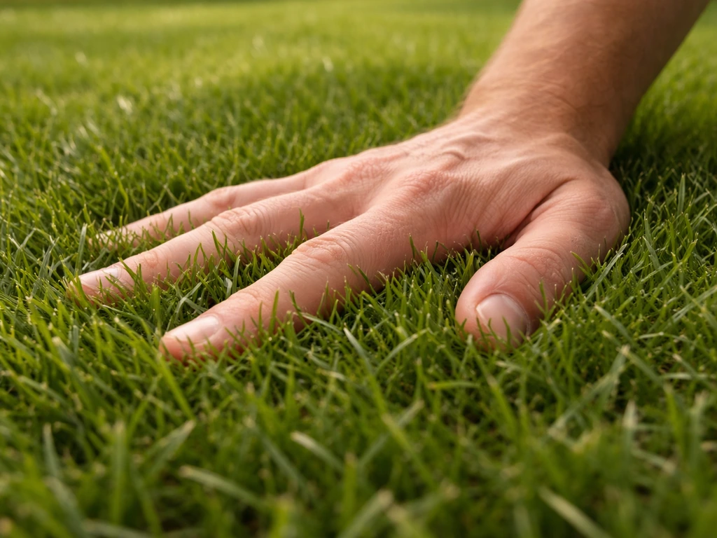 Hand duwt plat in een groen gazon; je ziet verende weerstand en dichtheid van de grastextuur.