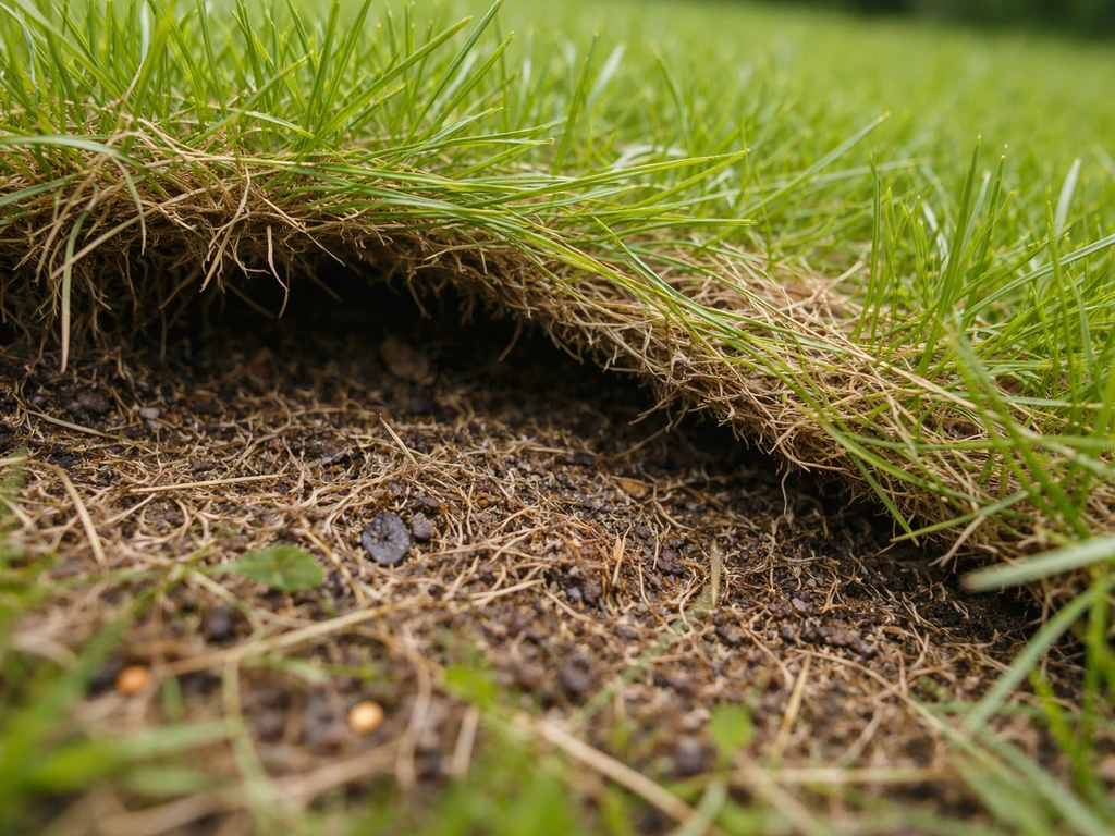 Close-up van viltlaag in het gazon met dode grassprieten tussen levende grasmat en donkere bodem