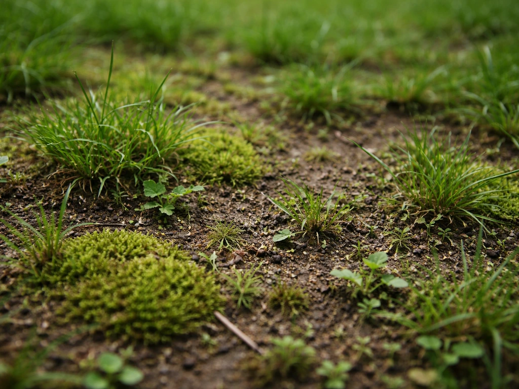 Close-up van mos en onkruid tussen losser wordend gras op een vochtige tuinbodem.