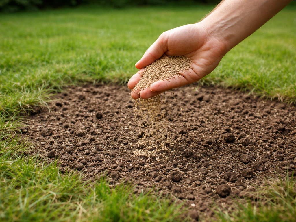 Hand met graszaad die een kale plek op een gazon doorzaait na verticuteren en beluchten.