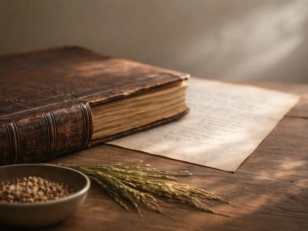 Close-up van een verweerd boek met onscherpe pagina en enkele grassprieten op een houten tafel.