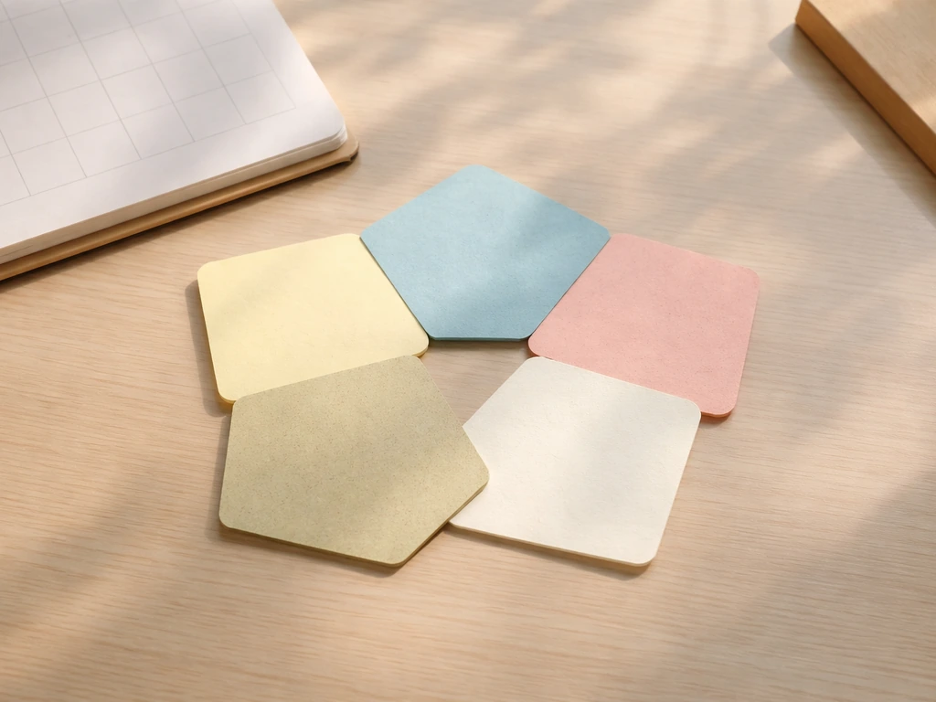 Minimalistisch bureau met vijf kaartjes in een vijfhoekvorm, als visueel overzicht van kernthema’s.
