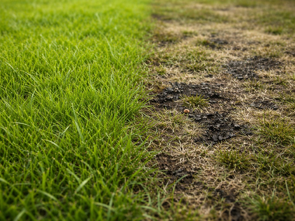 Close-up van een gazon met grijsgroene/zwartige vlekken en sprietjes onder een vilt- of moslaagje.