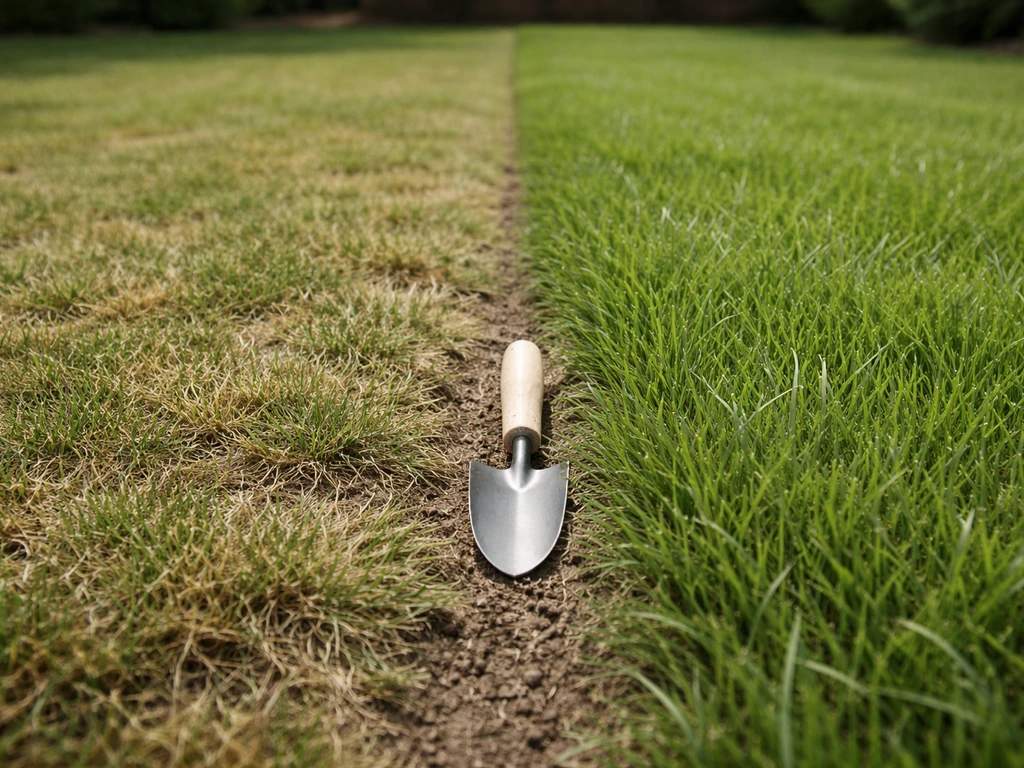 Twee naast elkaar liggende gazonstroken: links te kort en bruin, rechts groener met minder droogteschade.