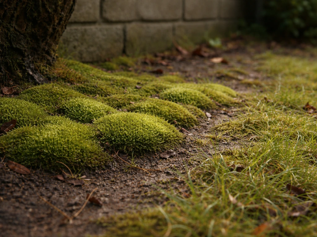 Donkergroen mos op een schaduwrijke tuinplek met verzwakt gras rondom, naast een muur onder een boom