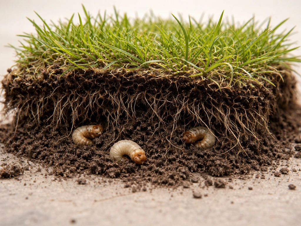 Close-up van een gazonplukje met zichtbare wortels en larven in de toplaag van de aarde.