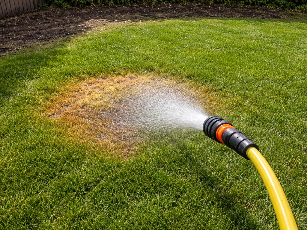 Nederlands gazon met een verbrande/gele plek door chloor op gras, terwijl de plek wordt doorgespoeld met water.