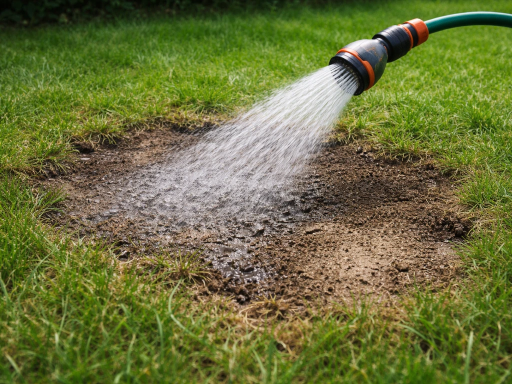 Tuinslang met sproeier die direct water op een beschadigde grasplek spoelt, zonder mensen in beeld.