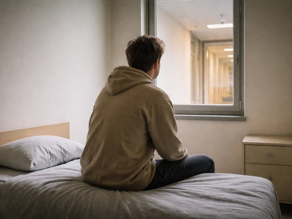Jonge man in een jeugdkliniek bij het raam, met rustige blik en een blik op de gang buiten.