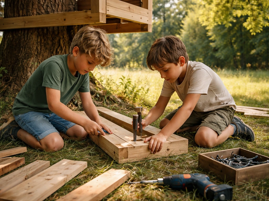 Twee jongens timmeren aan een boomhut in het groen, handen in werk tijdens warm daglicht.