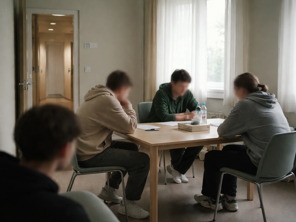Anonieme jongeren zitten in een jeugdkliniek-zaal bij een eenvoudige tafel, met diffuus daglicht en gang op de achtergro