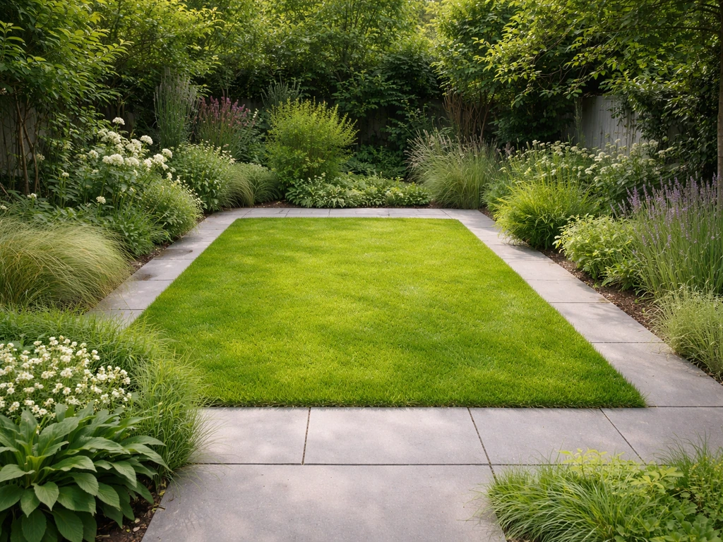 Klein, strak gemaaid gazon als groen accent met omliggende beplanting en eenvoudige bestrating.