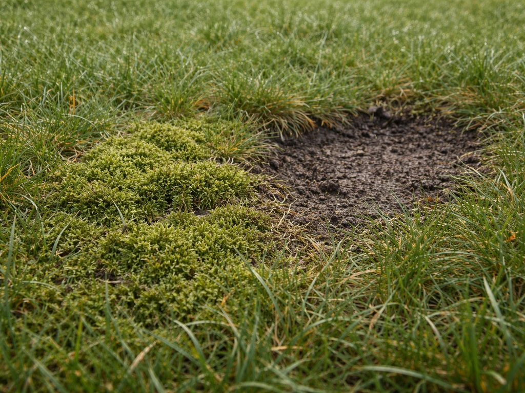 Close-up van mos en vilt tussen grasprieten, met een kale plek in het gazon, nattige tuingrond