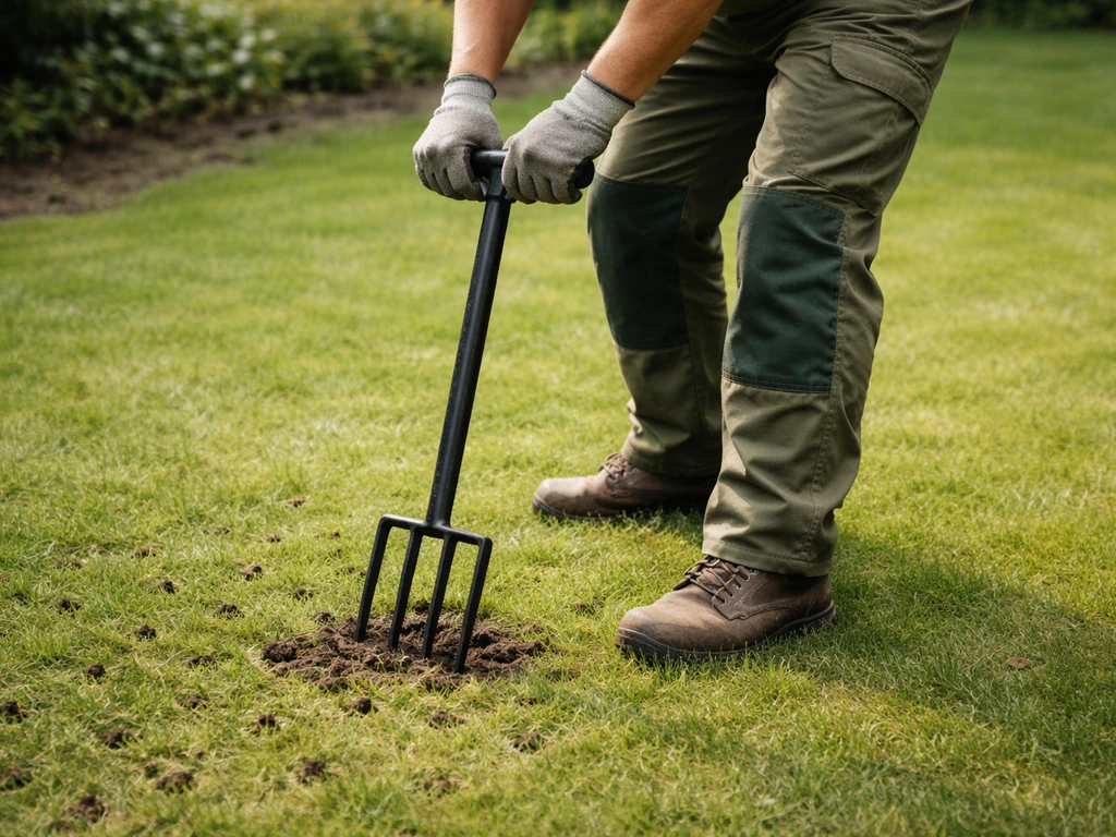 Tuinier prikt met een spitvork gaten in het gazon om het te beluchten bij verdichting.