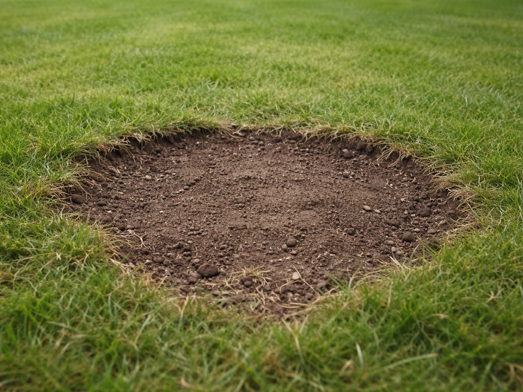 Close-up van een kale, uitgekrabde plek in het gazon met blootliggende grond, klaar voor herstel.