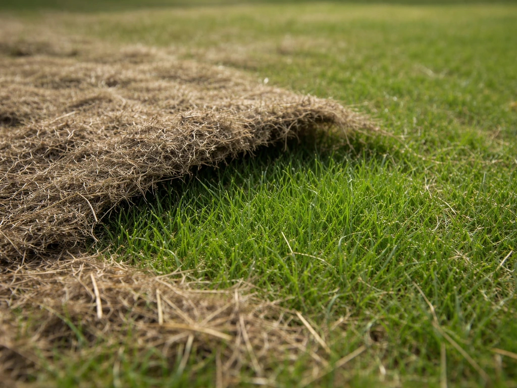 Close-up van een gazon met viltlaag die loskomt, met eronder fris groen gras zichtbaar.